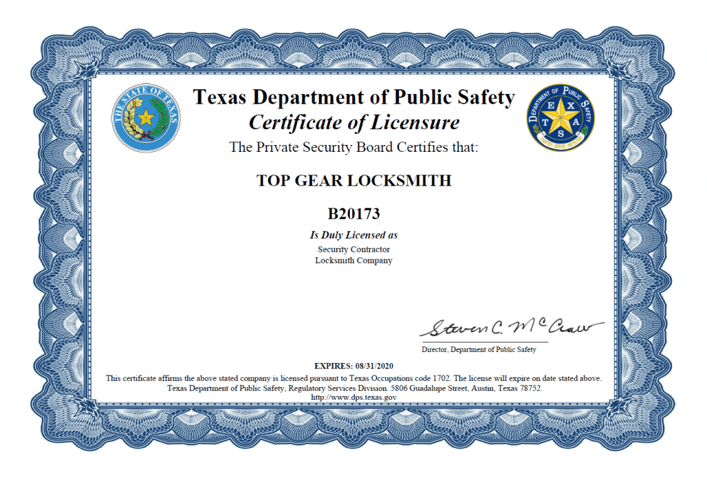 top gear locksmith new license certificate
